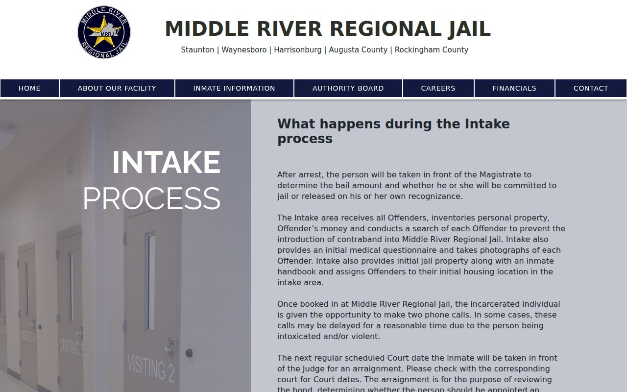 Augusta County arrest booking process at Middle River Regional Jail