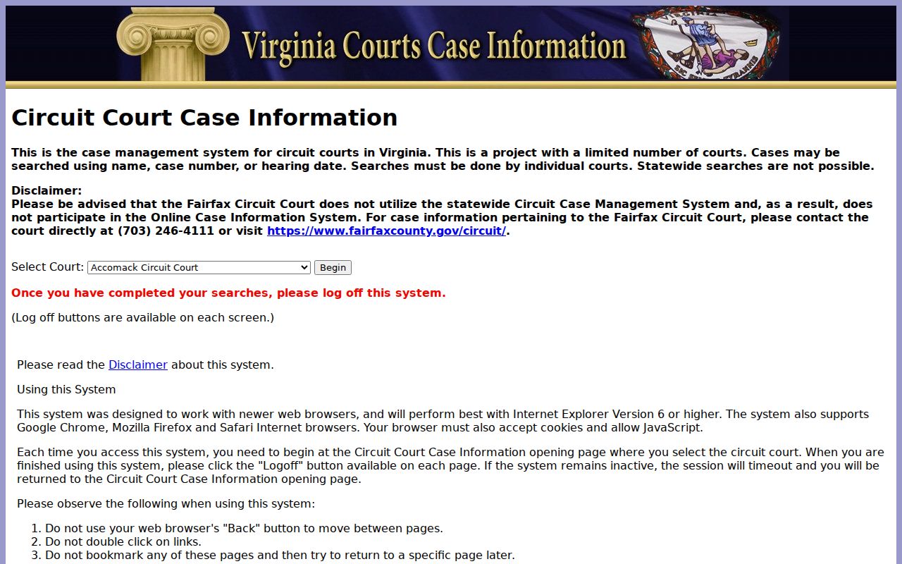 Augusta County Circuit Court criminal case search portal