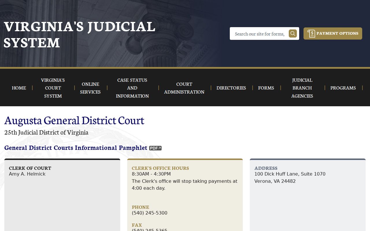 Augusta County criminal case calendar on the General District Court page