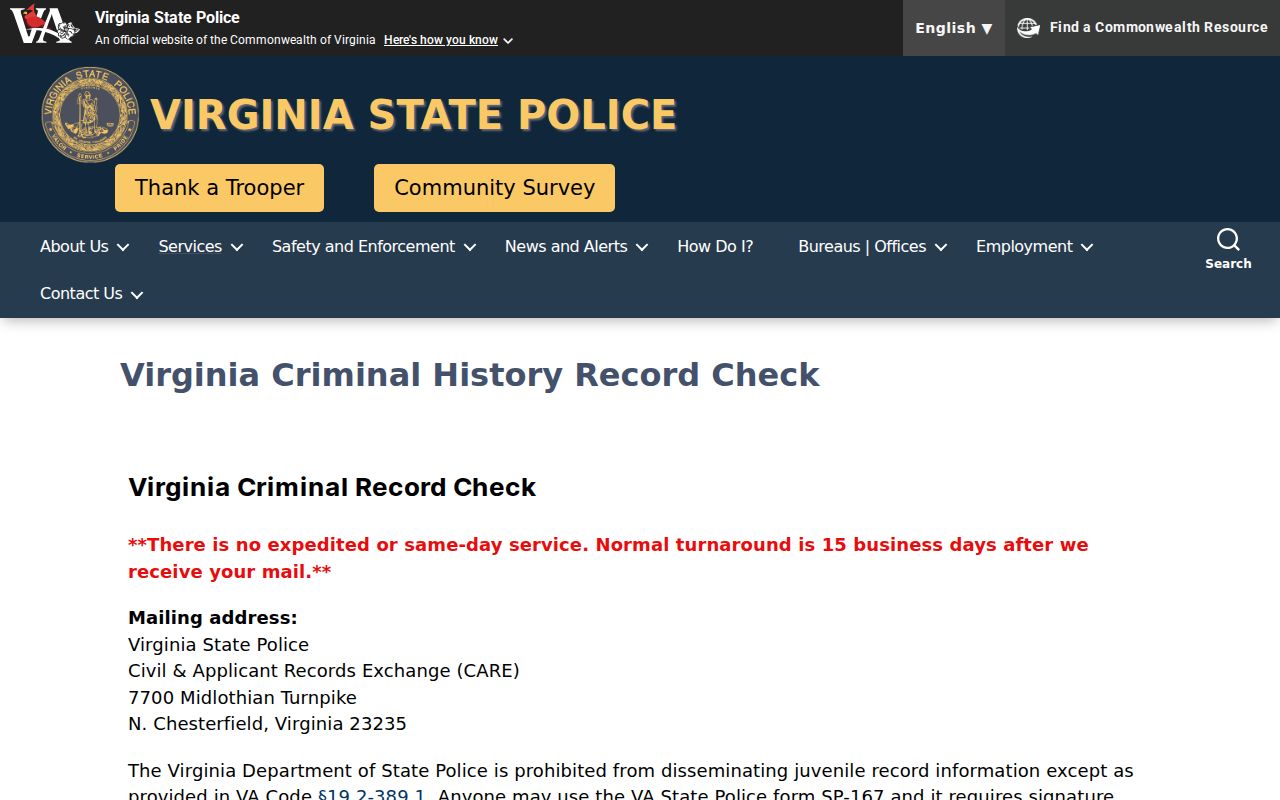 Augusta County criminal history instructions from Virginia State Police