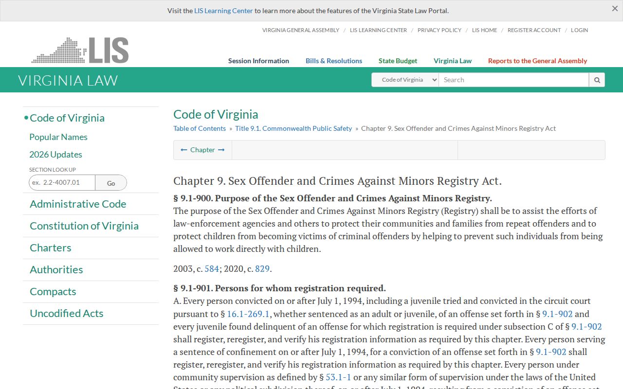 Virginia registry law for Augusta County sex offender records